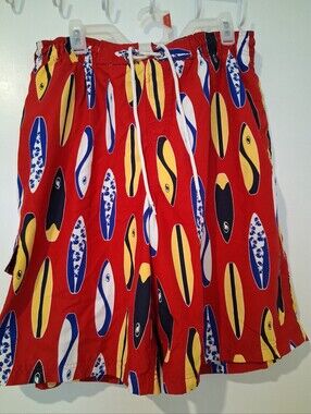 First Wave Red Surfboard Print Swim Trunks